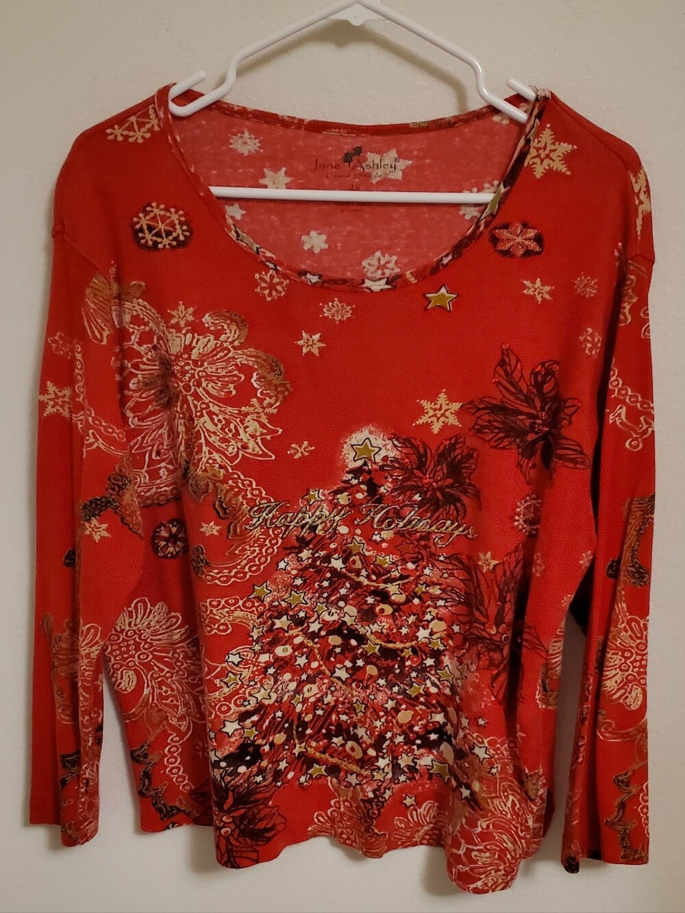 Jane Ashley Red Festive Long-Sleeve Tee Holiday Tree Motif Size 2X